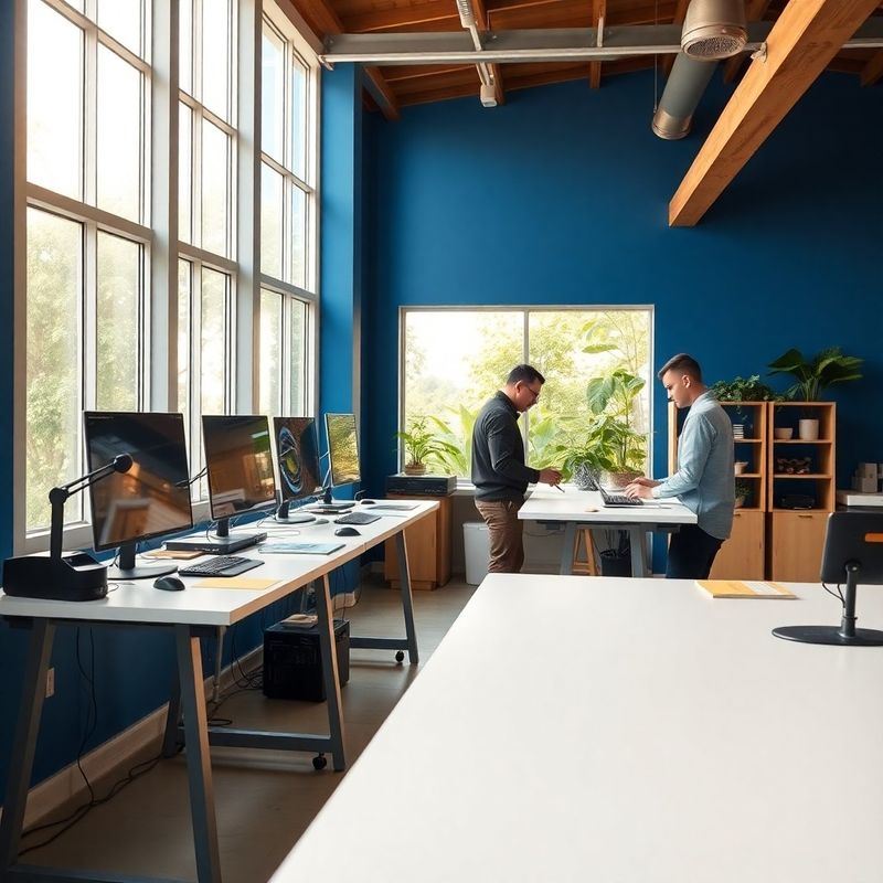 Small focused engineering team at standing desks in a bright Chiang Mai studio